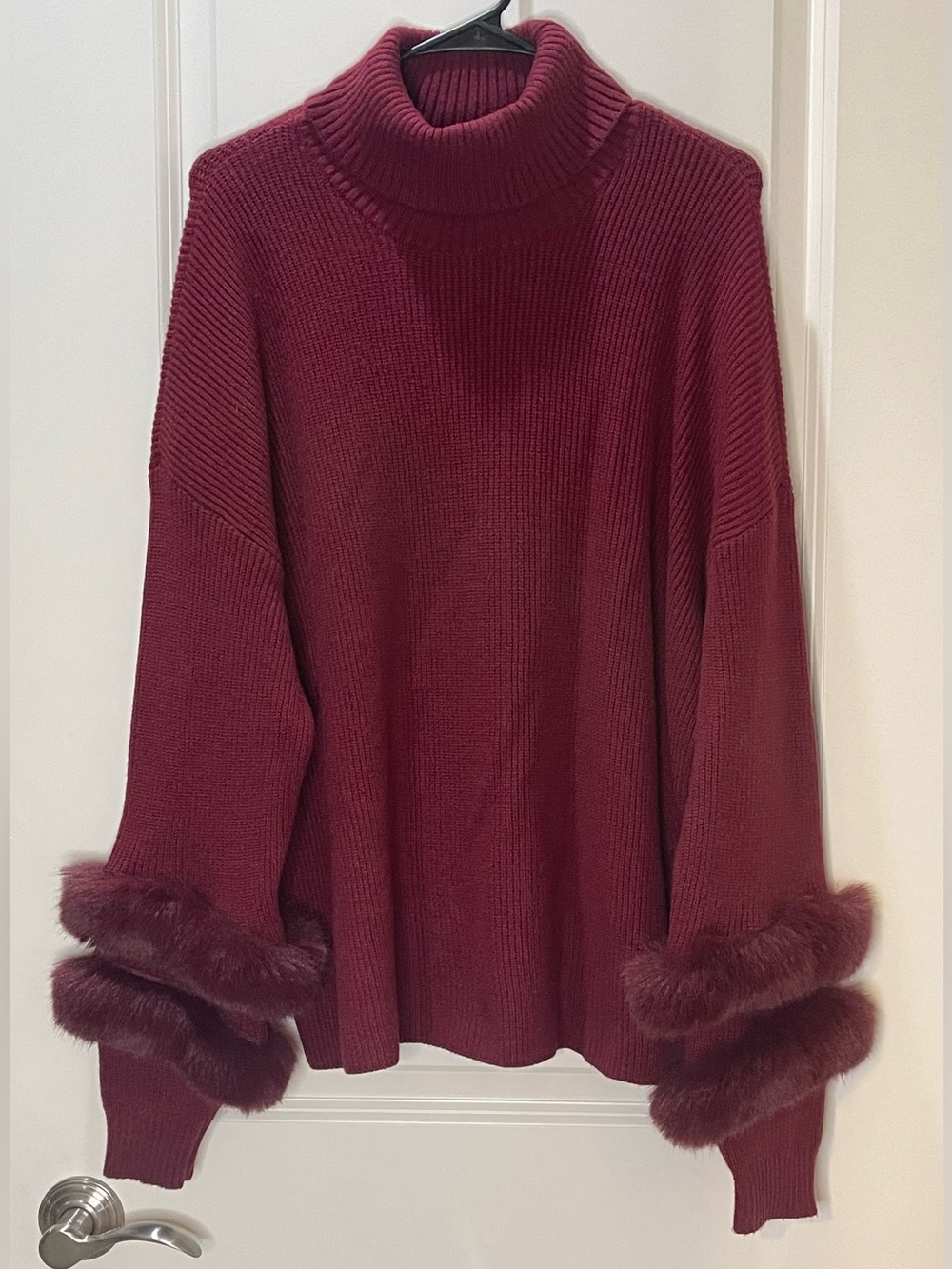 Saks Fifth Avenue Burgundy Turtleneck Sweater with Faux Fur Trim XL